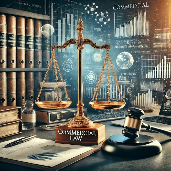 A picture with pan scale with commercial law wording on it