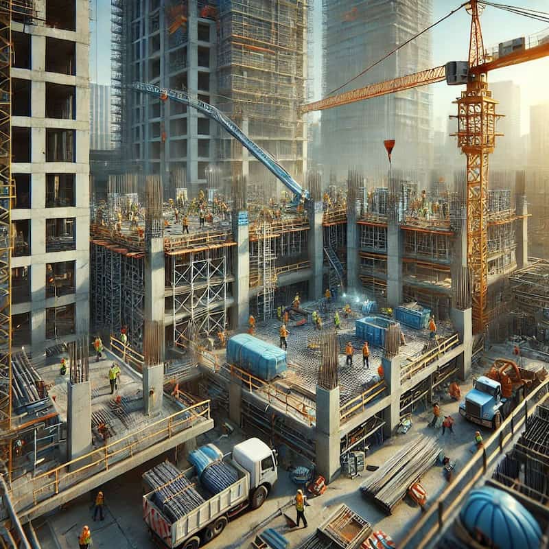 Depicts construction site with ongoing construction work