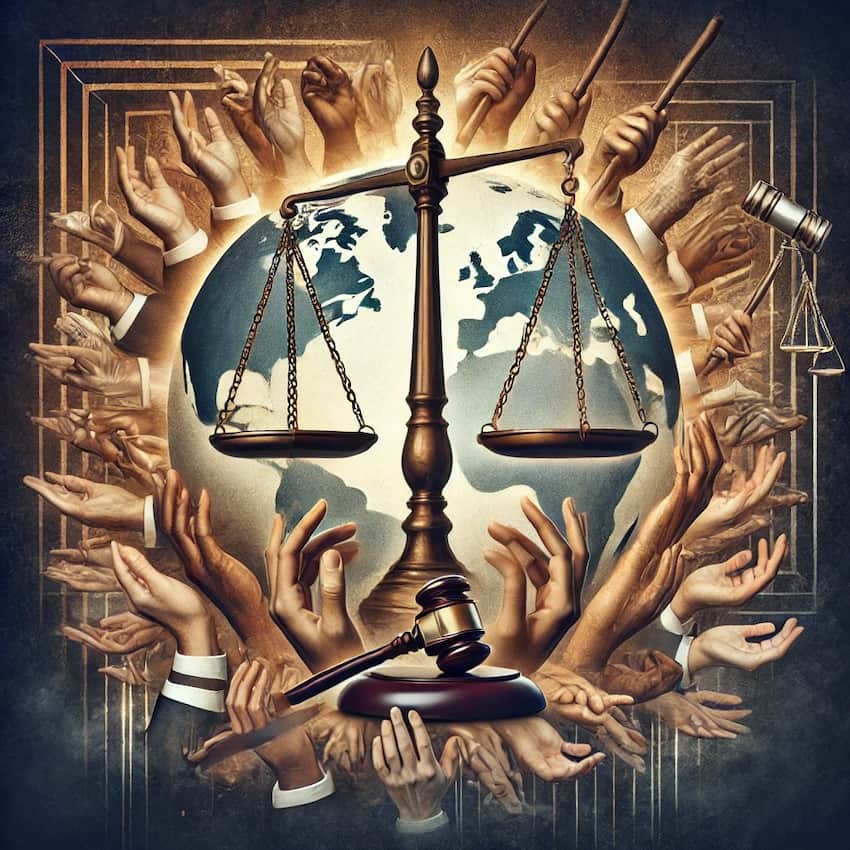 A photo with pan scale and ravel at the front and earth and hands as the backdrop