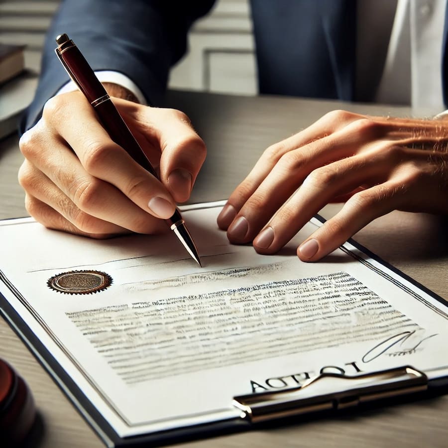 A photo of hands holding a pen and drafting contract