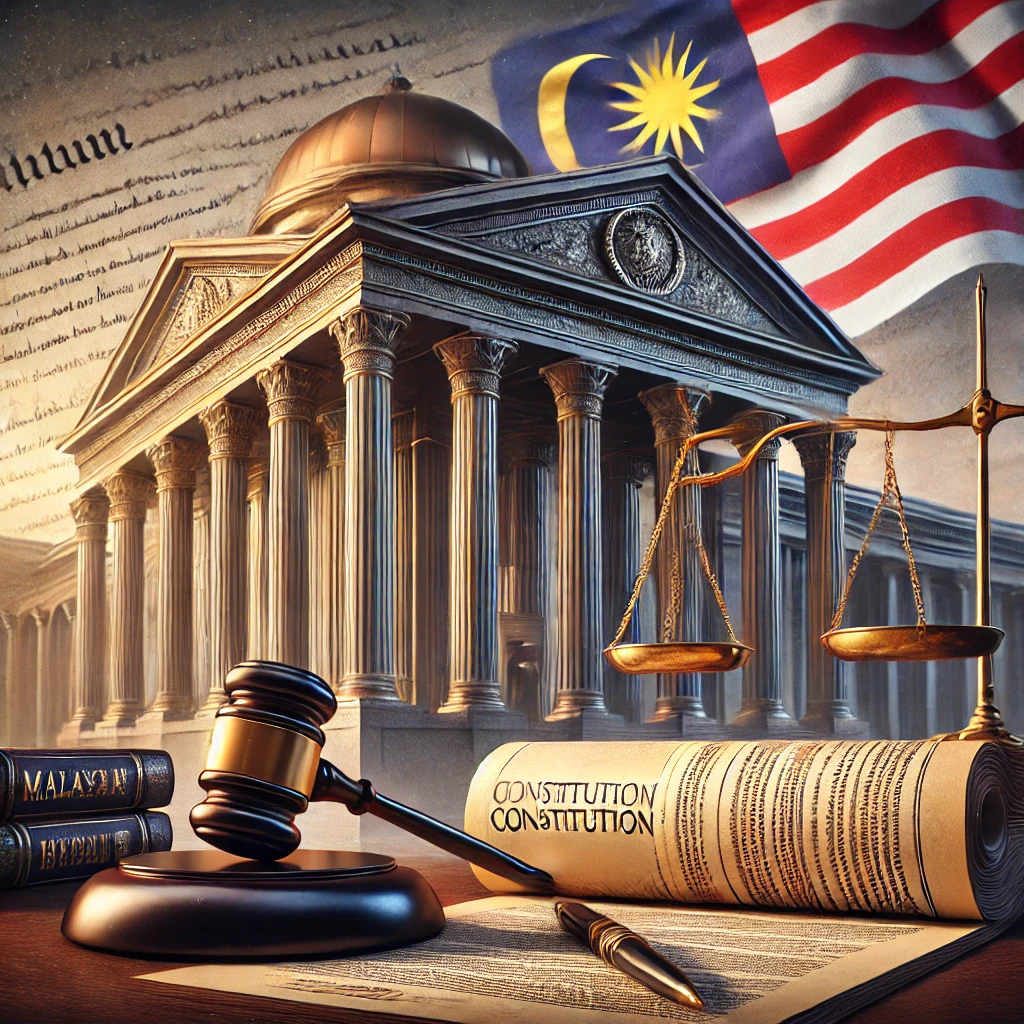 A grand courthouse with tall columns representing justice. In the foreground, the scales of justice and a judge's gavel rest on a law book, symbolizing legal authority. A partially unfurled constitution document is visible in the background, and the Malaysian flag waves gently, representing Malaysia’s constitutional framework.