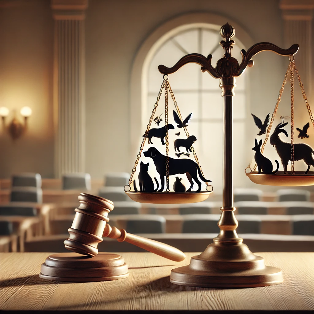 An illustration symbolizing animal rights, featuring a balance scale with silhouettes of a dog, cat, and bird on one side, and a gavel on the other, set in a courtroom environment. The background is softly lit with neutral tones and subtle greenery, representing fairness and compassion.