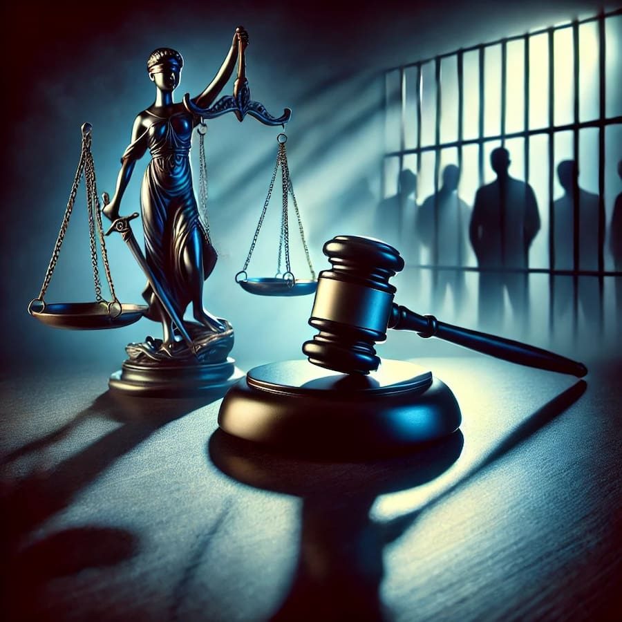 Image with a gavel with pan scale on the left back and prisoners in the prison on right back